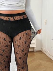 SHEIN EZwear 大尺碼女款蝴蝶結波點網紗時尚緊身褲 - 黑色 - 查看 6