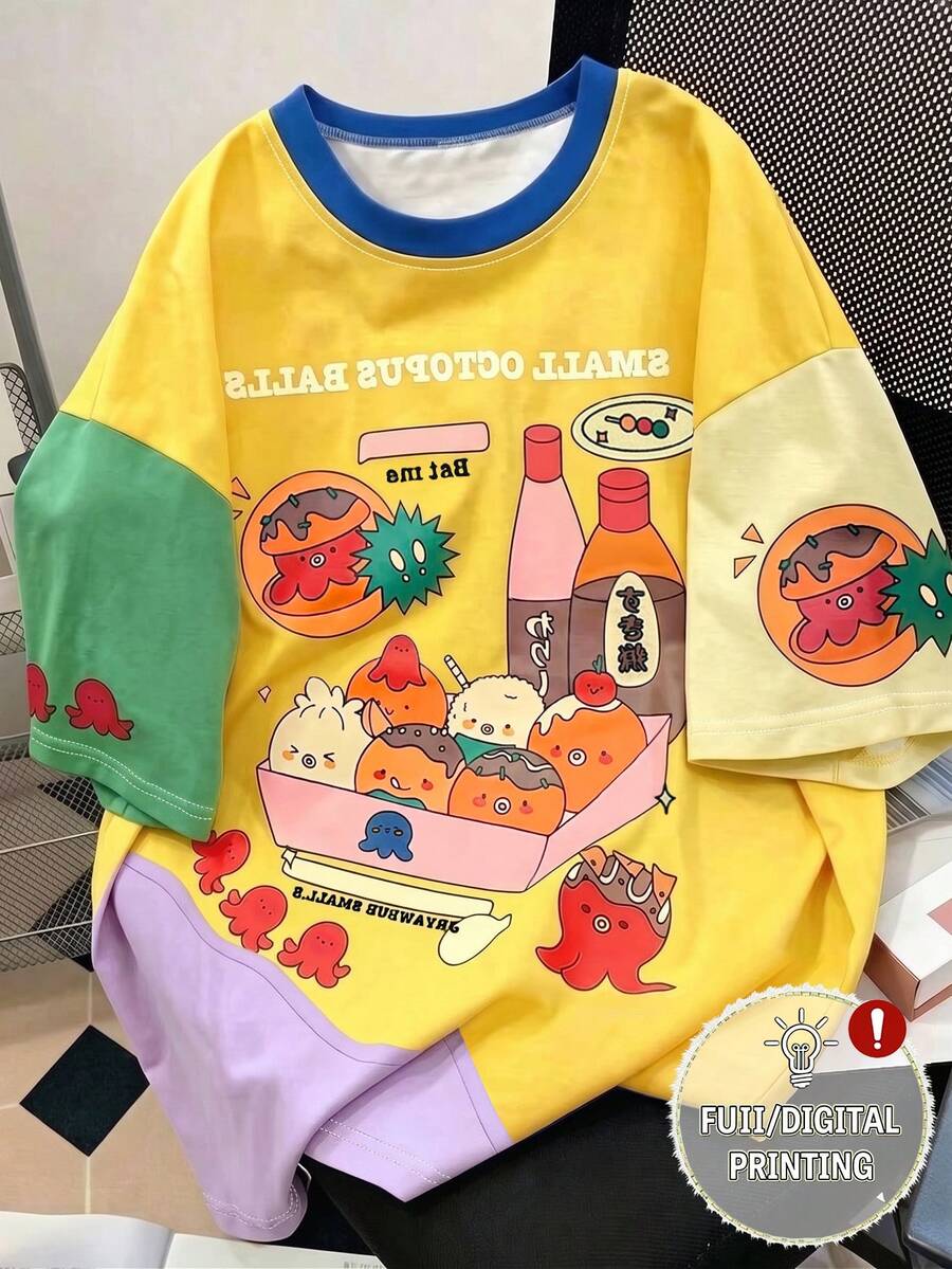 Resyla Women's Cartoon Print Colorblock Casual Daily Summer T-Shirt - Multicolor - View 1