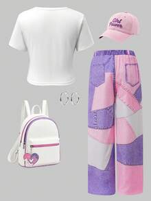 SHEIN Tween女孩 2件組 Y2K甜酷風黑色圓領短袖T恤（3D淺藍色亮片、秋冬穿搭、返校季、拼色設計） - 彩色 - 查看 2