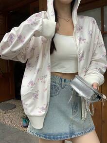 DAZY 秋季連帽長袖米白色碎花拉鍊式寬鬆短版甜美休閒約會通勤女款運動衫 - 白色 - 查看 8