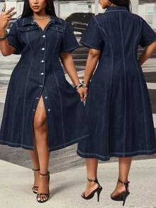 Slaydiva Plus Size Women Non-Stretch Denim Dress Cowboy Outfits For Women - Dark Wash - View 8