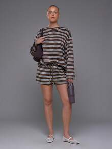 Voyena Women's Plus Size Striped Colorblock Long Sleeve Top And Shorts Casual Daily Sports Set - Coffee Brown - View 5
