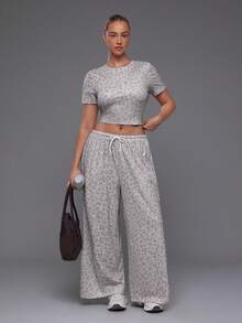 Levarali Women's Plus Size Leopard Print Short Sleeve Cropped T-Shirt And Wide Leg Pants Sports Set - Grey - View 2