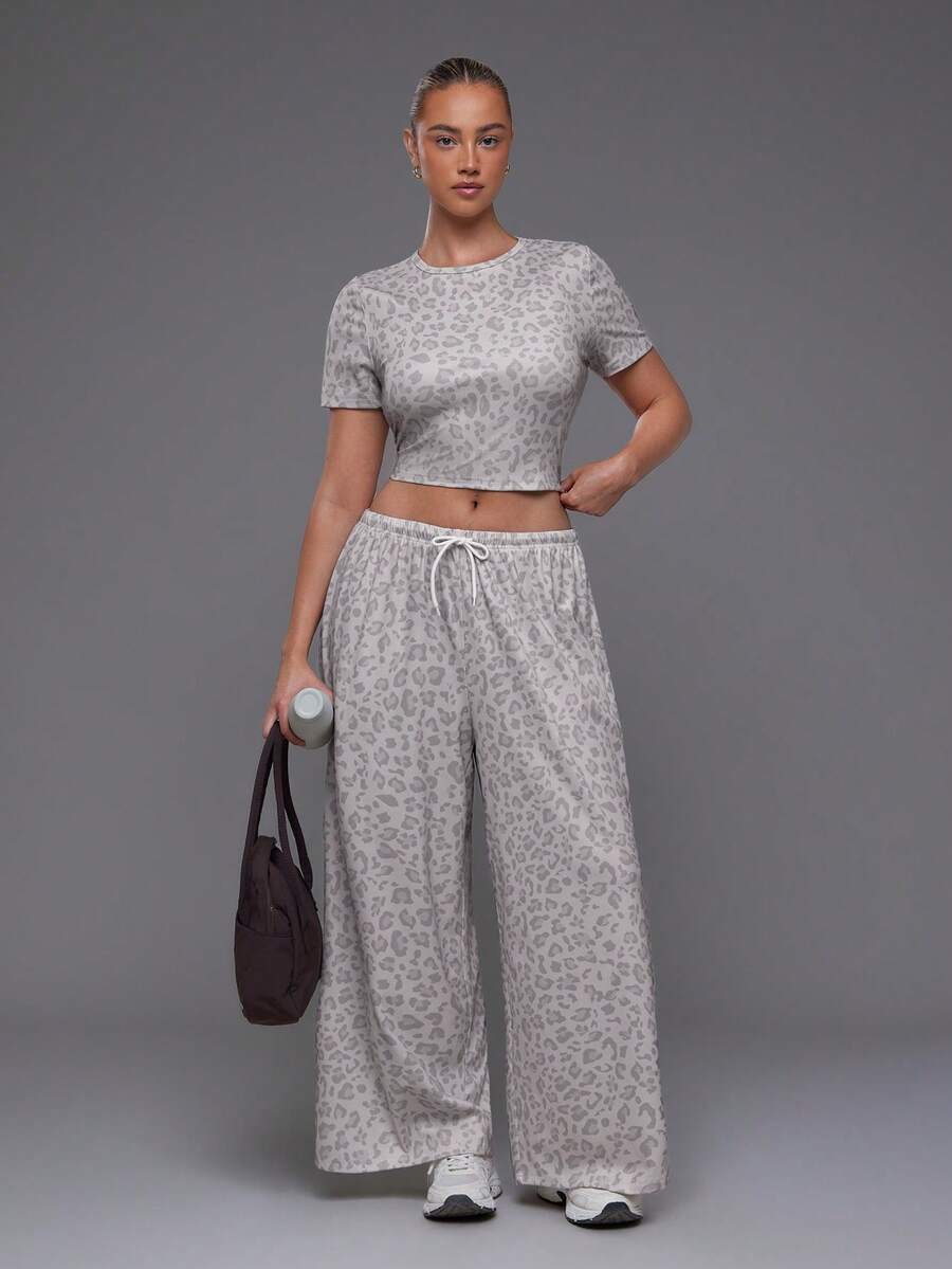 Levarali Women's Plus Size Leopard Print Short Sleeve Cropped T-Shirt And Wide Leg Pants Sports Set