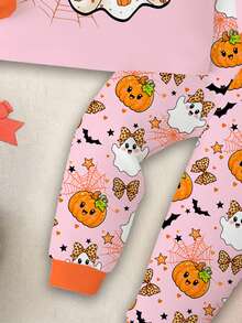 Halloween, Young Girl Casual Minimalist Cute Sweet Ghost, Pumpkin, Bat Pattern, Cream Color, Comfortable Long Sleeve Long Pants Loungewear Suitable For Autumn/Winter, Snug Fit, Looks Of Party, Cute, Cozy, Snug Fit - Multicolor - View 7