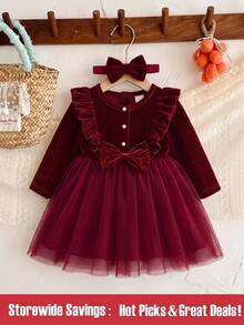 SHEIN Infant Girl Burgundy Velvet Open Front Ruffle Bow Puff Mesh Long Sleeve Dress, Suitable For Daily Casual, Vacation, Party, Cute Elegant Outfit - Burgundy - View 1