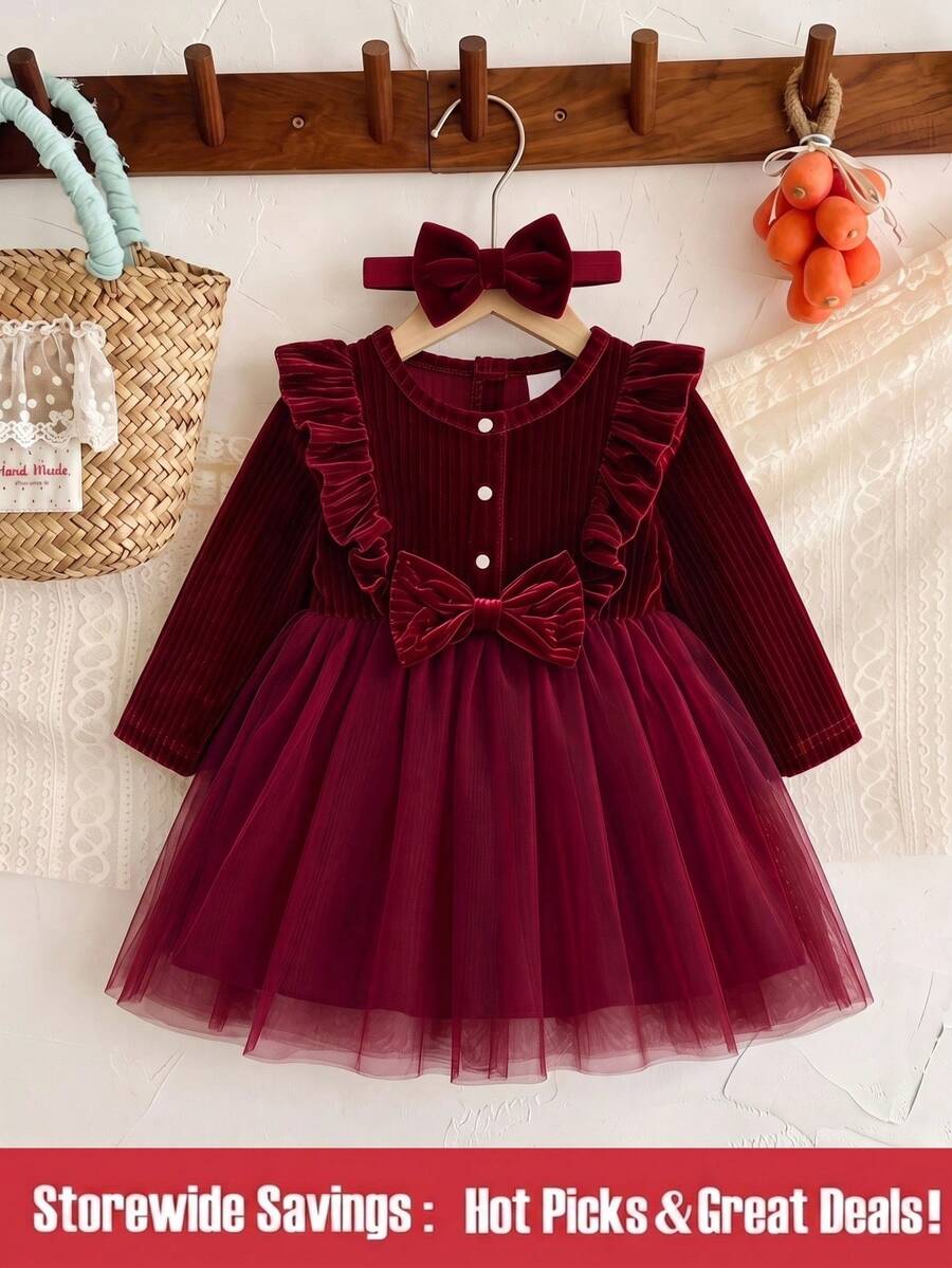 SHEIN Infant Girl Burgundy Velvet Open Front Ruffle Bow Puff Mesh Long Sleeve Dress, Suitable For Daily Casual, Vacation, Party, Cute Elegant Outfit - Burgundy - View 1