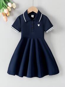Elladie kids 女童領口愛心印花 Polo 洋裝 - 藏蓝色 - 查看 3