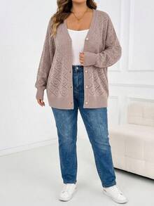 SHEIN CURVE+ 大尺碼女款素色鏤空長袖單排扣針織開襟衫 - 粉色 - 查看 3