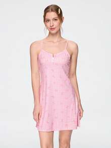 Bonmuse Fresh Pink Plaid & Ditsy Floral Sweet Women's Loungewear Dress - Pink - View 4