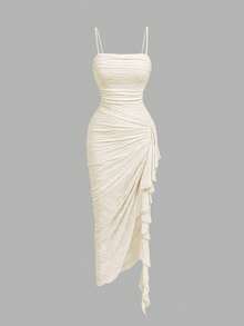 SHEIN MOD 女款純色百褶休閒日常夏季細肩帶中長洋裝 - 米色 - 查看 6