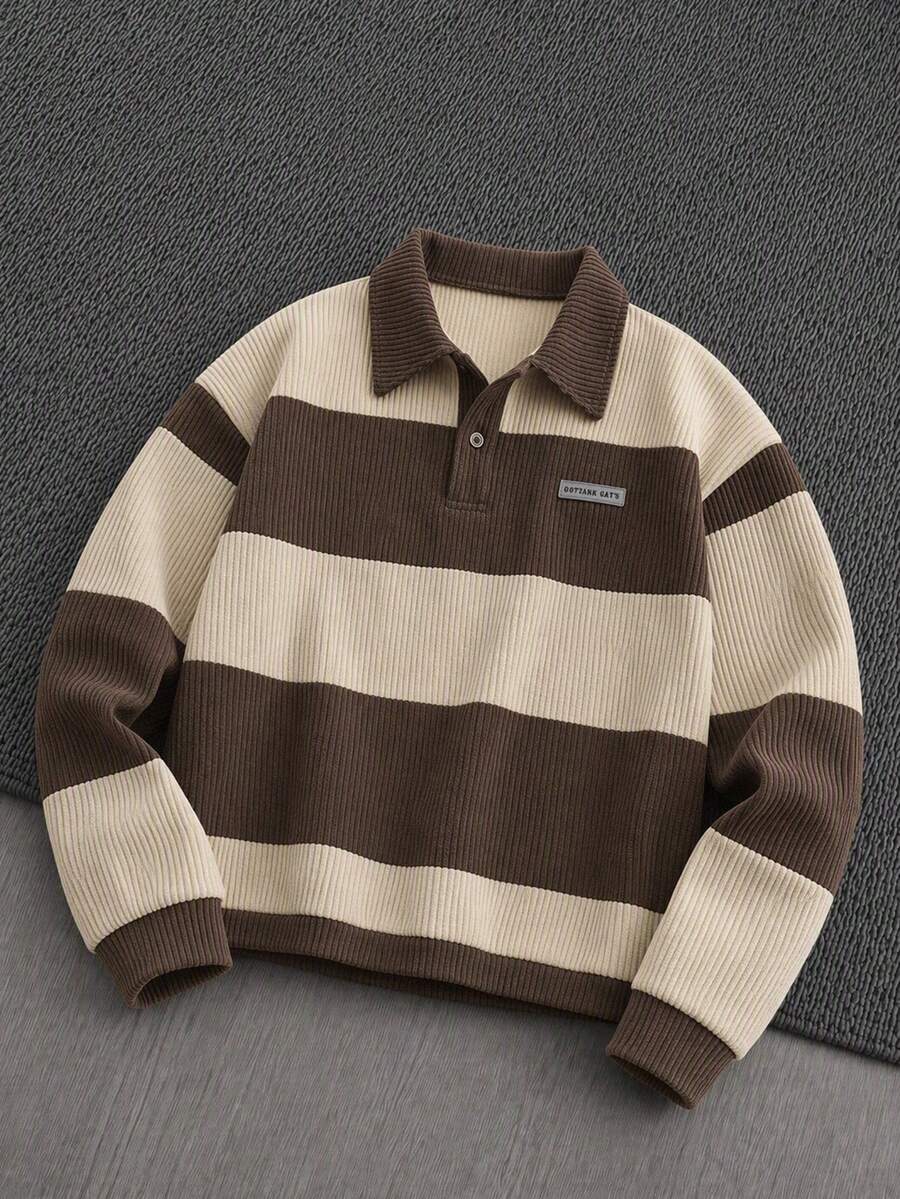 Mainfolk Sweatshirt Rajut Kasual Pria, Potongan Longgar, Lengan Panjang, dengan Resleting Setengah, untuk Pemakaian Sehari-hari - Emas - View 1