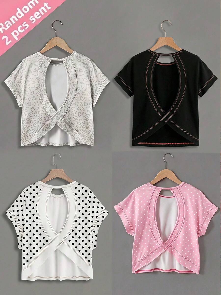 SHEIN Tween Girl 2件組時尚後背交叉開口對比線條設計肩袖開學穿搭 - 黑與白 - 查看 1