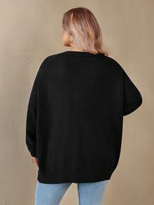 SHEIN CURVE+ Plus Size Women's Solid Color Raglan Sleeve Long Sleeve Casual Loose Knit Cardigan, Autumn/Winter - Black - View 2