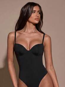 SHEIN BAE Women's Elegant Black Camisole Bodysuit, Fashionable For Spring/Summer - Black - View 3