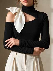 Balvessa Women's Half-High Neck One-Shoulder Asymmetrical Cut-Out Off-Shoulder Top With White Contrast Ribbon Bow Decor, Long Sleeve, Cinched Waist - Black and White - View 7