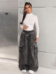SHEIN Quần ống rộng ống rộng cạp rút dây thời trang cổ điển Y2K cho bé gái tuổi teen Quần jeans ống rộng cho mùa đông - màu đen - Xem 4
