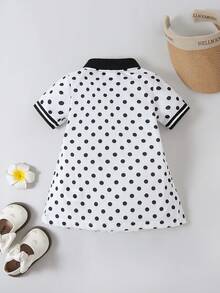 SHEIN 女嬰 Polo 領百褶細節波點洋裝，可愛俏皮波點設計，適合休閒日常穿著、外出與度假，夏季穿搭夏日洋裝 - 白色 - 查看 3