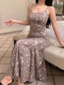 DAZY Gaun Tidur Wanita Elegan Motif Bunga Model Ekor Duyung - Khaki - View 5