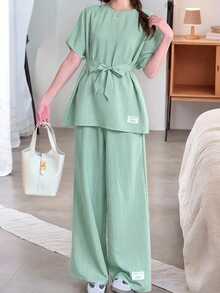 SHEIN Teen Girls 2pcs Set:Loose Raglan Sleeve Tie-Waist Letter Print Shirt + Wide Leg Pants,Summer,Casual,Family Matching For Spring Vacation Daily Wear - Mint Green - View 1