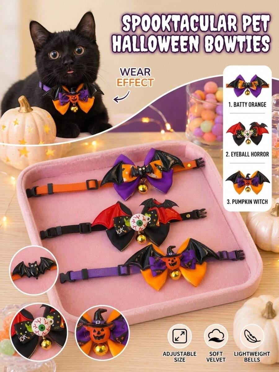 PETSIN 1PC Halloween Bat Wing Bow Tie Pet Collar / Soft Smooth Satin Fabric Halloween Themed Bow With PU Bat Wing Pumpkin Eyeball Decor Adjustable Velvet Neck Strap With Crisp Sound Metal Jingle Bell - Multicolor - View 1