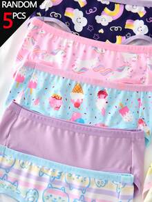 SHEIN 隨機混搭 10 款中 5 款，5 件組女童幼兒內褲套裝，可愛花卉、彩虹、彩虹與動物印花組合系列，柔軟光滑觸感，針織布料製成，高彈性內褲，適合日常基本需求、運動穿著，親膚舒適，四季輕便衣物 - 彩色 - 查看 3