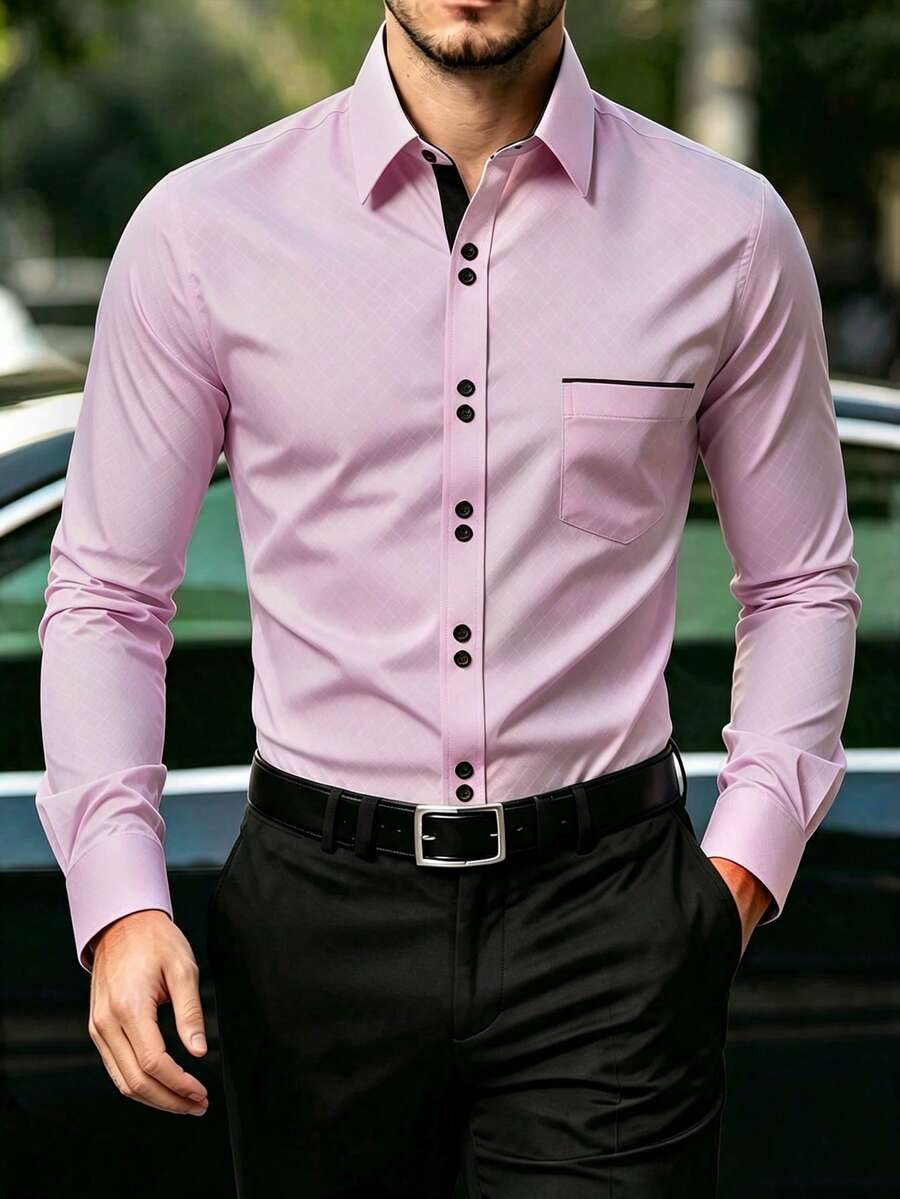 Manfinity Mode Men's Formal Casual Streetwear Versatile Commute Striped Patchwork Long Sleeve Shirt - Pink - View 1