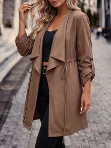 SHEIN LUNE CURVE معطف ترنش نسائي للخريف/الشتاء بياقة وكشكشة وحزام، جاكيت متوسط الطول بأكمام طويلة وخصر برباط، ملابس مناسبات للتنقل اليومي والعمل - قهوة بني - مشاهدة 5