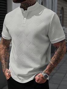 Manfinity CasualCool 男士立領 Polo 衫，針織提花布料，休閒日常穿著，時尚百搭風格 - 灰色 - 查看 3