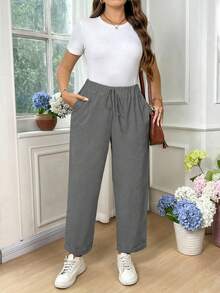 EMERY ROSE Plus Size Women Cotton Solid Color Drawstring Waist Pockets Loose Pants Fall - Light Grey - View 4