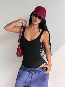 SHEIN Dewbera Bộ jumpsuit thể thao gân cổ chữ U hở lưng, ôm sát định hình cho yoga và fitness - màu đen - Xem 6