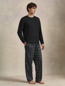 EverLounge 男士纯色T恤和格子印花长裤睡衣套装/家居服套装，舒适优雅的细节设计，秋冬服装 - 黑色 - 查看 4