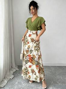 Elenzga Women's Elegant Ruffle Cap Sleeve Fitted Flared Dress, Green, Suitable For Commuting In Spring/Summer - Multicolor - View 4