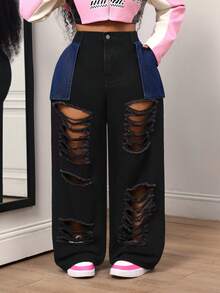 Slaydiva Celana Jeans Denim Kasual untuk Wanita Ukuran Besar dengan Desain Kancing Bertekstur untuk Pemakaian Sehari-hari - Hitam - View 5