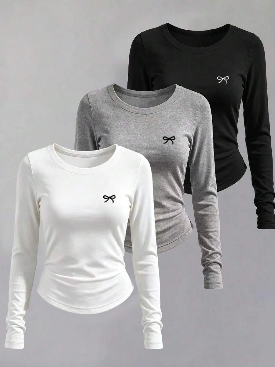 Women's Contrast Color Bow Embroidered Round Neck Long Sleeve T-Shirt - Multicolor - View 1