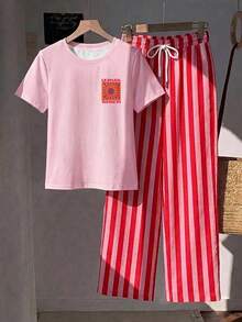 Comfortcana 2件組休閒圓領短袖上衣與條紋印花長褲，度假夏季服飾，街頭風，適合日常通勤、約會、派對、秋冬/夏季、婚禮、海灘、畢業典禮，優雅休閒外出穿搭，Y2K音樂祭套裝，假日海灘度假套裝 - 彩色 - 查看 3