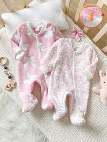 Souflis Souflis 2 Pieces Newborn Plush Fabric 2 Pieces Set, Warm Bow Knot Pattern Design, Loved And Pursued By Children, Made Of Comfortable Soft Skin-Friendly Fabric, Suitable For Children's Home Wear - Baby Pink - View 3