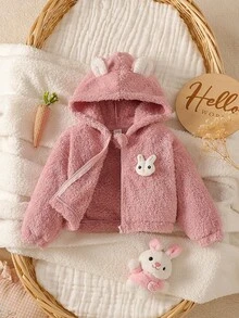 SHEIN 女嬰可愛粉色 3D 兔耳毛絨加厚連帽夾克，貼布拉鍊長袖外套，適合生日派對、冬季秋季穿著，聖誕純色款 - 粉色 - 查看 1