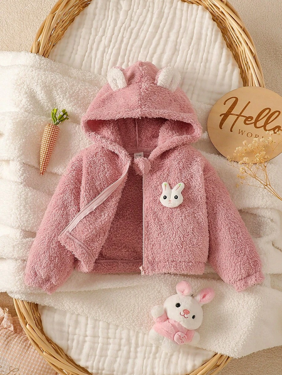 SHEIN 女嬰可愛粉色 3D 兔耳毛絨加厚連帽夾克,貼布拉鍊長袖外套,適合生日派對、冬季秋季穿著,聖誕純色款 - 粉色 - 查看 1