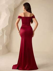 Coutiva 女士优雅亮片拼接露肩鱼尾下摆正式晚礼服，夏季 - 酒紅色 - 查看 3