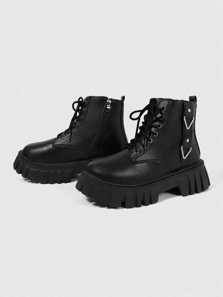 ROMWE Grunge Punk Women's Slope Heel Thick-Soled Round Toe Pleated Stacking Boots, New Western Cowboy Boots, Fashionable Versatile Commuting, Thick-Soled Short Boots - Y3 black - View 5