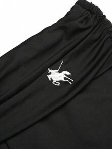 SHEIN 青少年女孩休閒運動日常街頭風抓皺腰精緻馬賽刺繡小Logo黑色直筒針織長褲舒適返校穿搭童裝 - 黑色 - 查看 4