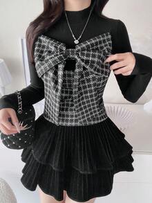 FRIFUL Women's Patchwork Houndstooth Bow Decor Long Sleeve Fashion T-Shirt Fall - Black - View 4