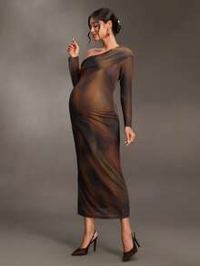 Cheriluna Maternity Gaun Hamil Lengan Panjang Cokelat dengan Bahu Asimetris dan Gradasi Warna, Terbuat dari Kain Jaring Elastis, Cocok untuk Pesta Musim Semi dan Gugur, Pemotretan, Makan Malam Kehamilan, Elegan dan Chic. - MultiWarna - View 5
