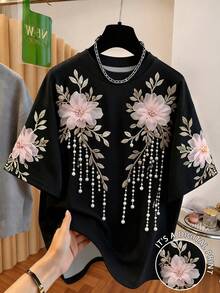 Franclia Faux Flower & Pearl Print Women Short Sleeve Casual T-Shirt - Multicolor - View 3