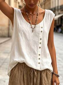 SHEIN Casual Solid Color Shirt, Versatile For Summer - White - View 5
