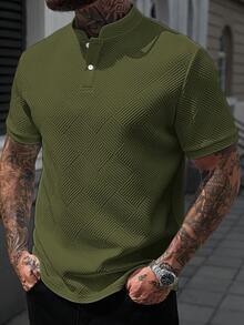 Manfinity CasualCool 男士立領 Polo 衫，針織提花面料，休閒日常穿著，時尚百搭風格 - 綠色 - 查看 4