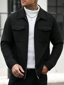 Manfinity CasualCool 男士純色拉鍊休閒日常長袖羊毛外套 - 黑色 - 查看 1