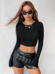 SHEIN X YERIMUA SHEIN ICON 秋季女款萬聖節黑色哥德風純色長袖中國龍網紗露背Y2K外出上衣 - 黑色 - 查看 4