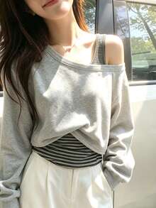 DAZY Women's Patchwork Striped 2 In 1 Long Sleeve Loose Casual Sweatshirt Fall - Grey - View 2